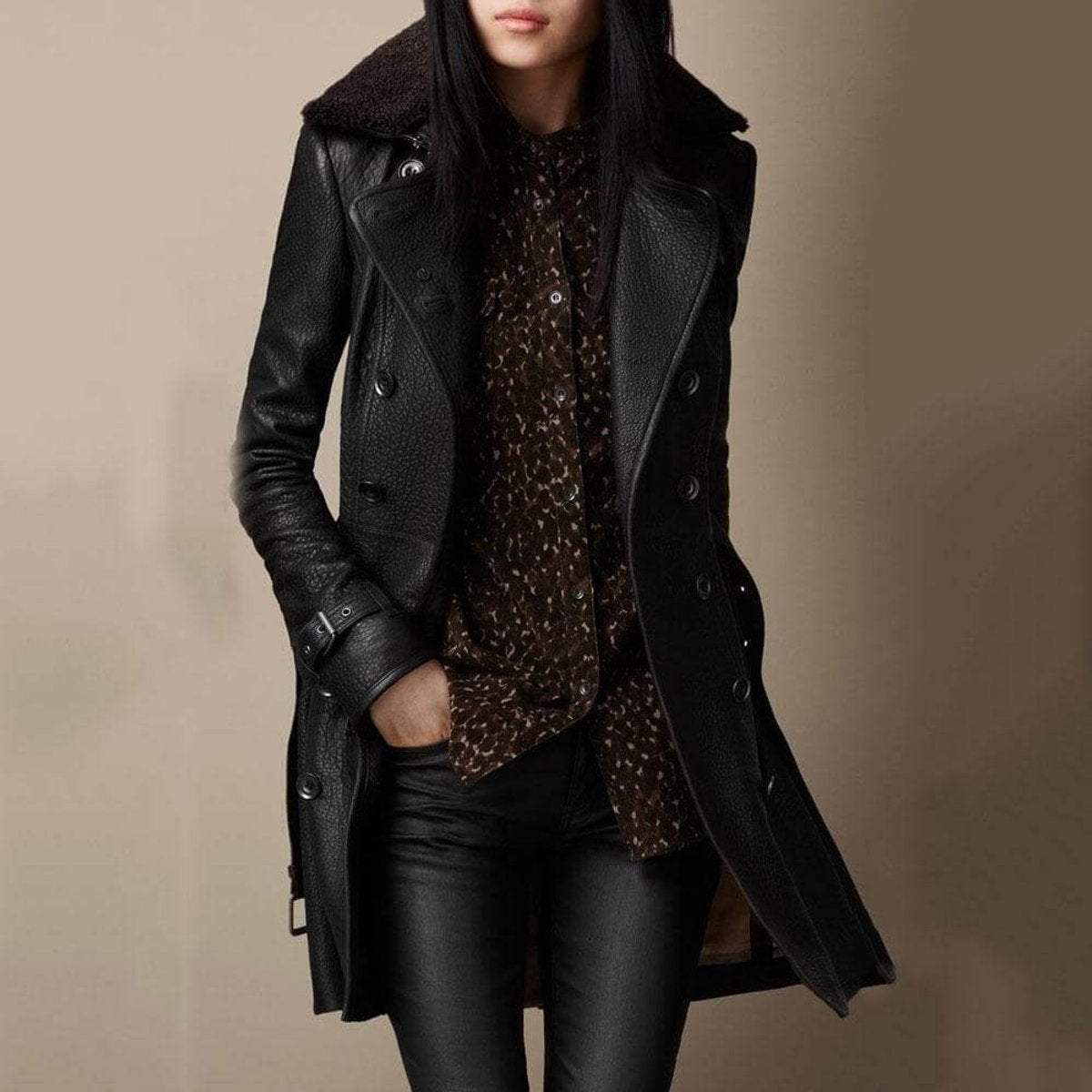 Double Breasted Shearling Collar Belted Faux Leather Coat