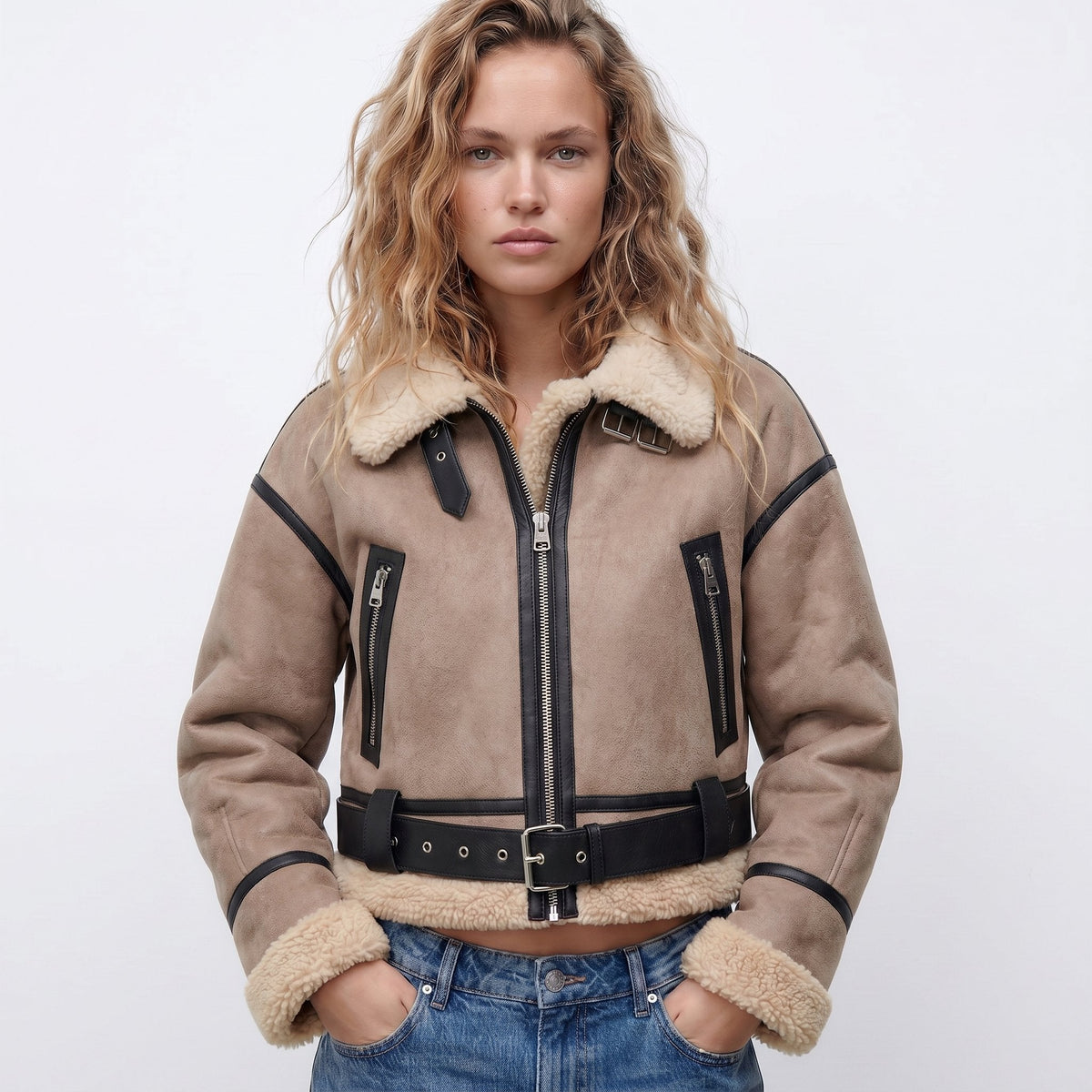 Faux Shearling Collar Zip Front Belted Cropped Aviator Jacket 2