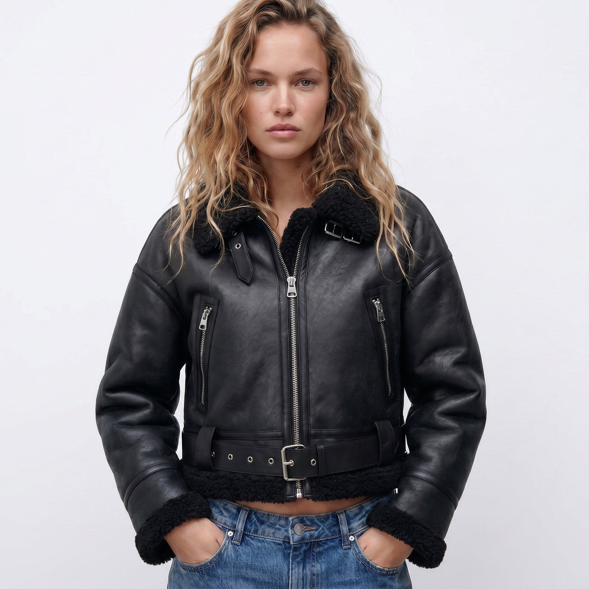 Faux Shearling Collar Zip Front Belted Cropped Aviator Jacket 3