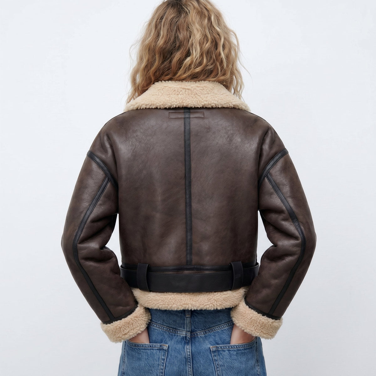 Faux Shearling Collar Zip Front Belted Cropped Aviator Jacket 4