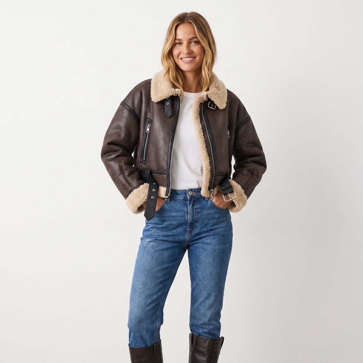 Faux Shearling Collar Zip Front Belted Cropped Aviator Jacket 5