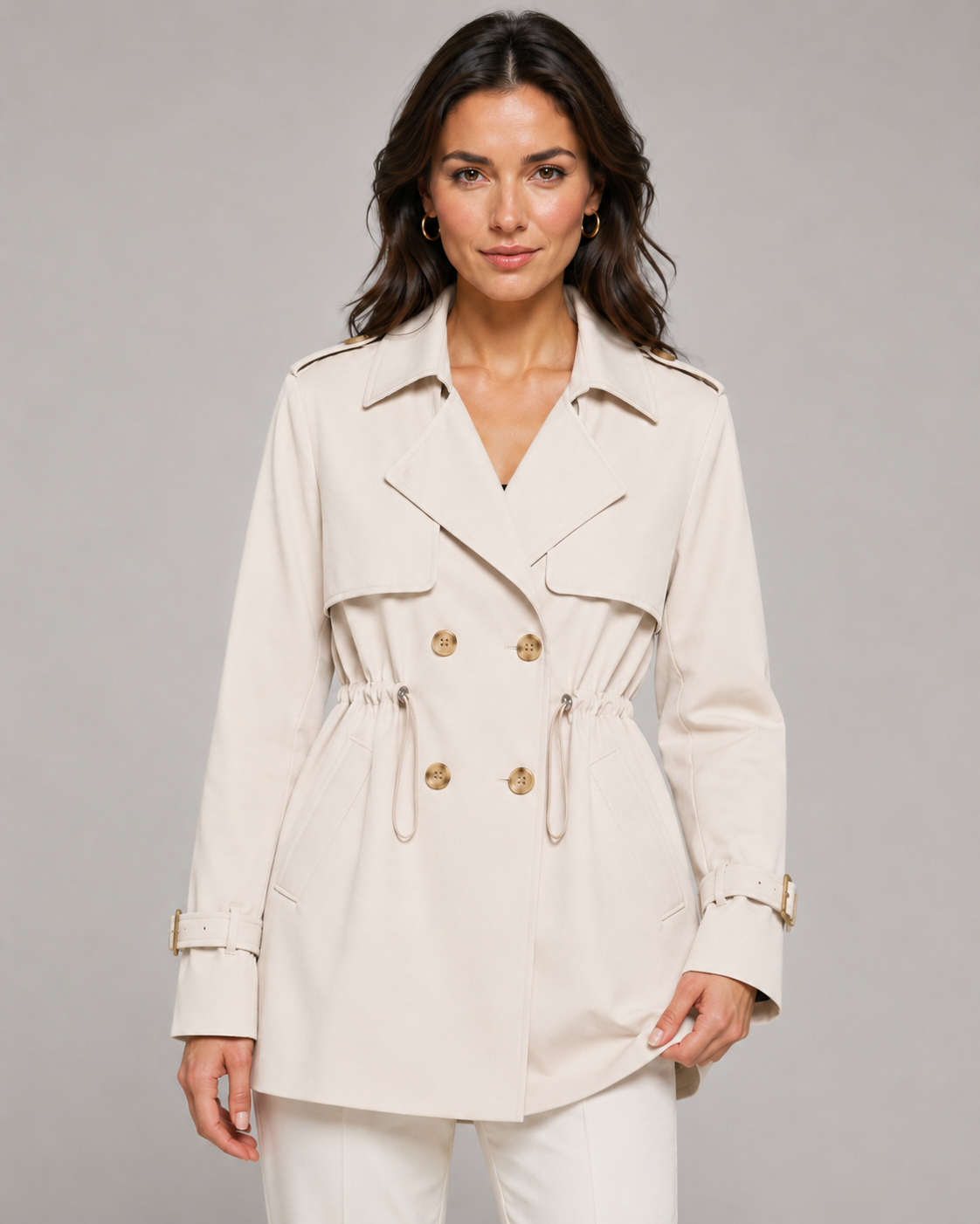 Double Breasted Drawstring Waist Short Trench Coat 10