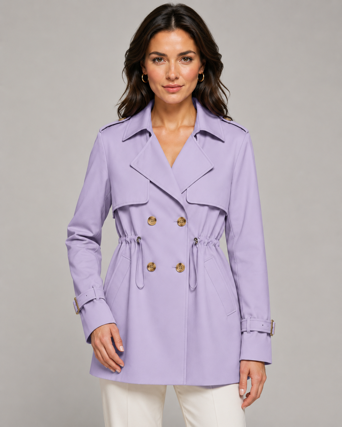 Double Breasted Drawstring Waist Short Trench Coat 7