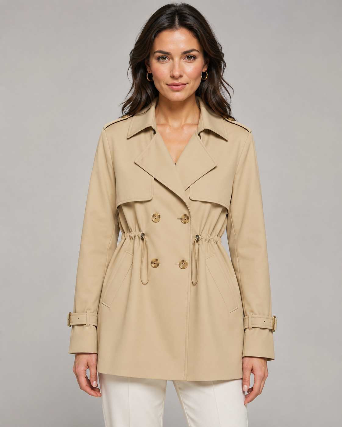 Double Breasted Drawstring Waist Short Trench Coat