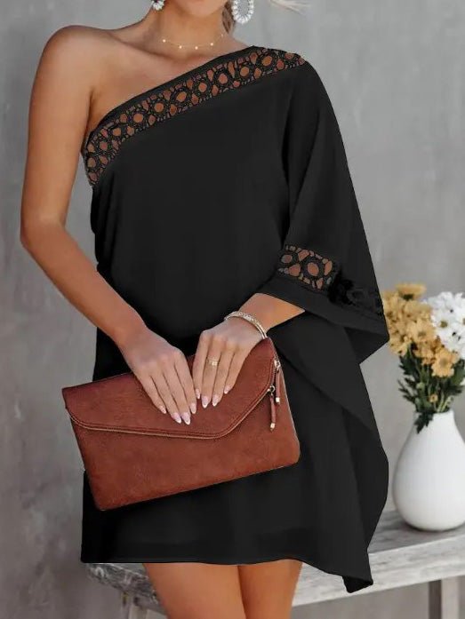 Loose Solid One Shoulder Lace Panel Dress - View 4