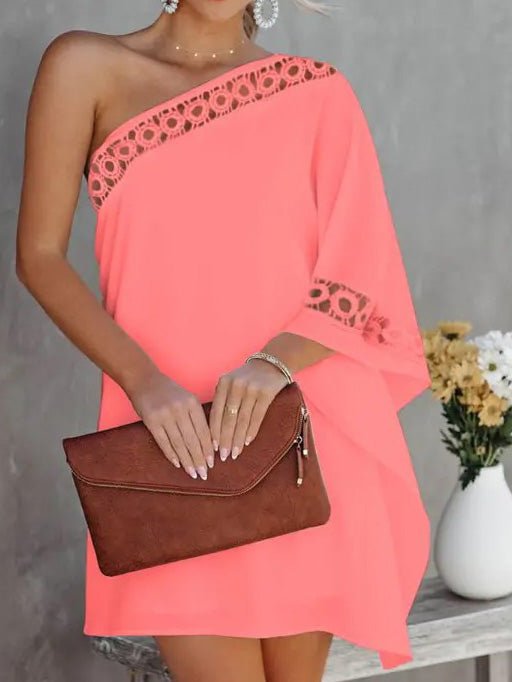 Loose Solid One Shoulder Lace Panel Dress - View 5