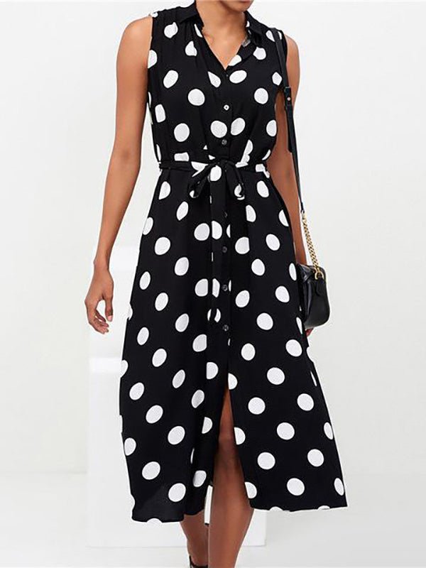 Polka Dot Print Sleeveless Button Front Tie Belt Shirt Midi Dress - View 2