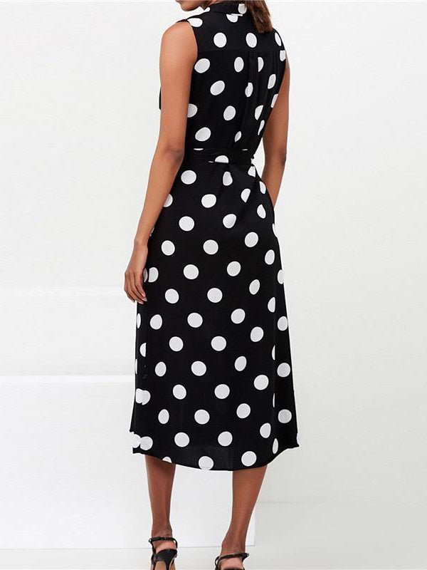 Polka Dot Print Sleeveless Button Front Tie Belt Shirt Midi Dress - View 5