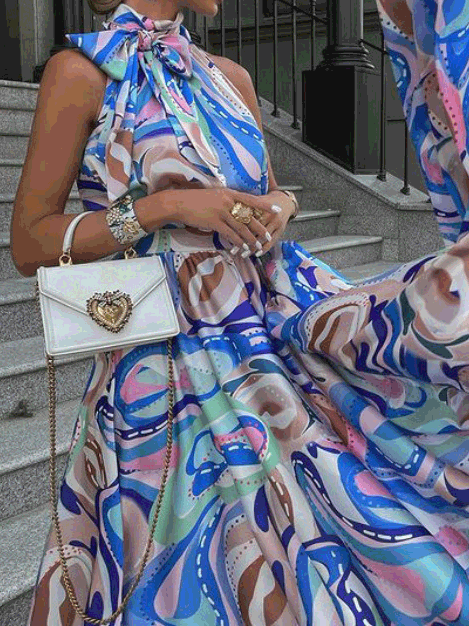 Marble Print Halter Bow Neck A-Line Chiffon Maxi Dress - View 3