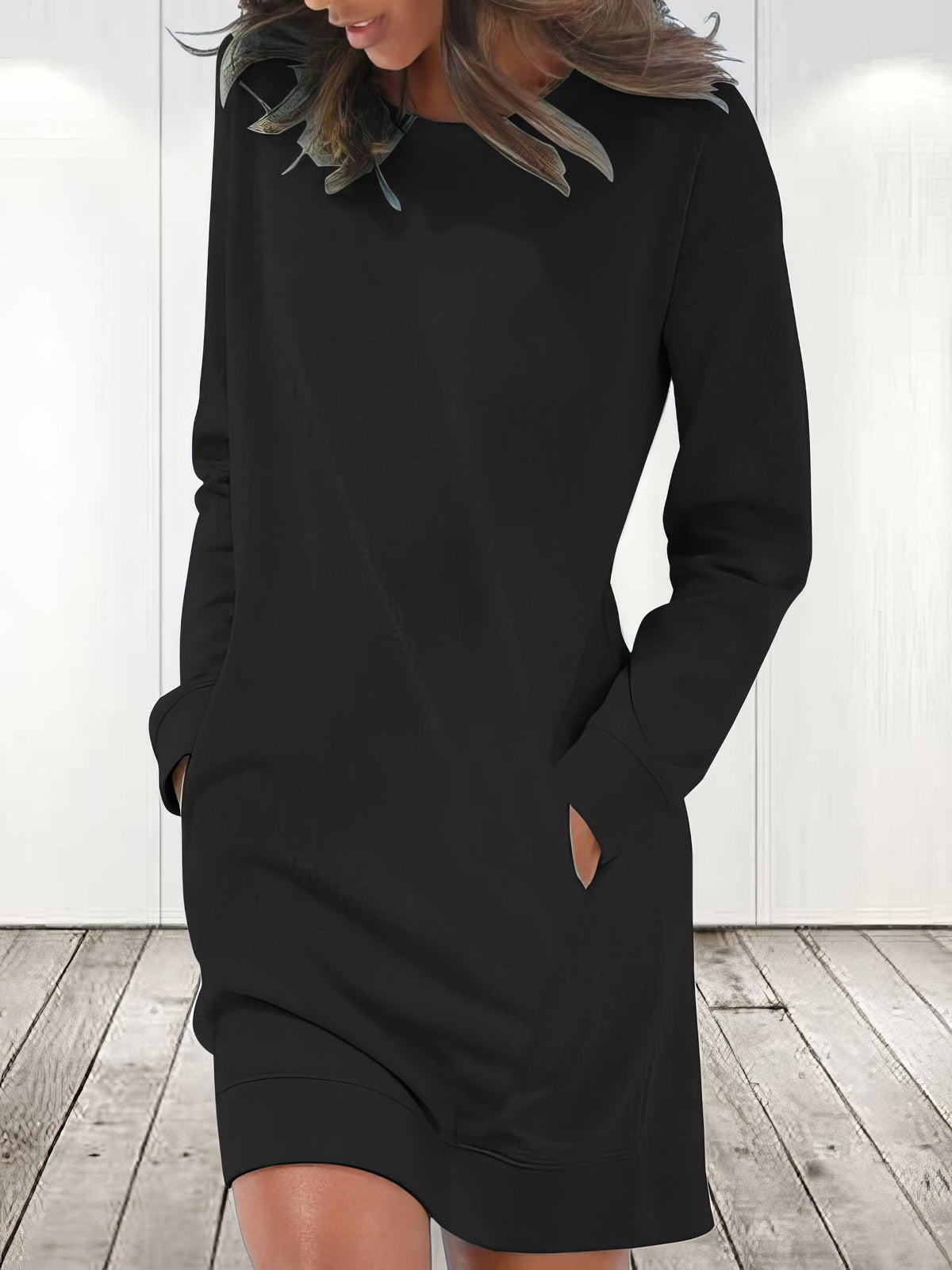 Crew Neck Drop Shoulder Long Sleeve Ribbed Cuff Pocket Mini Dress - View 4