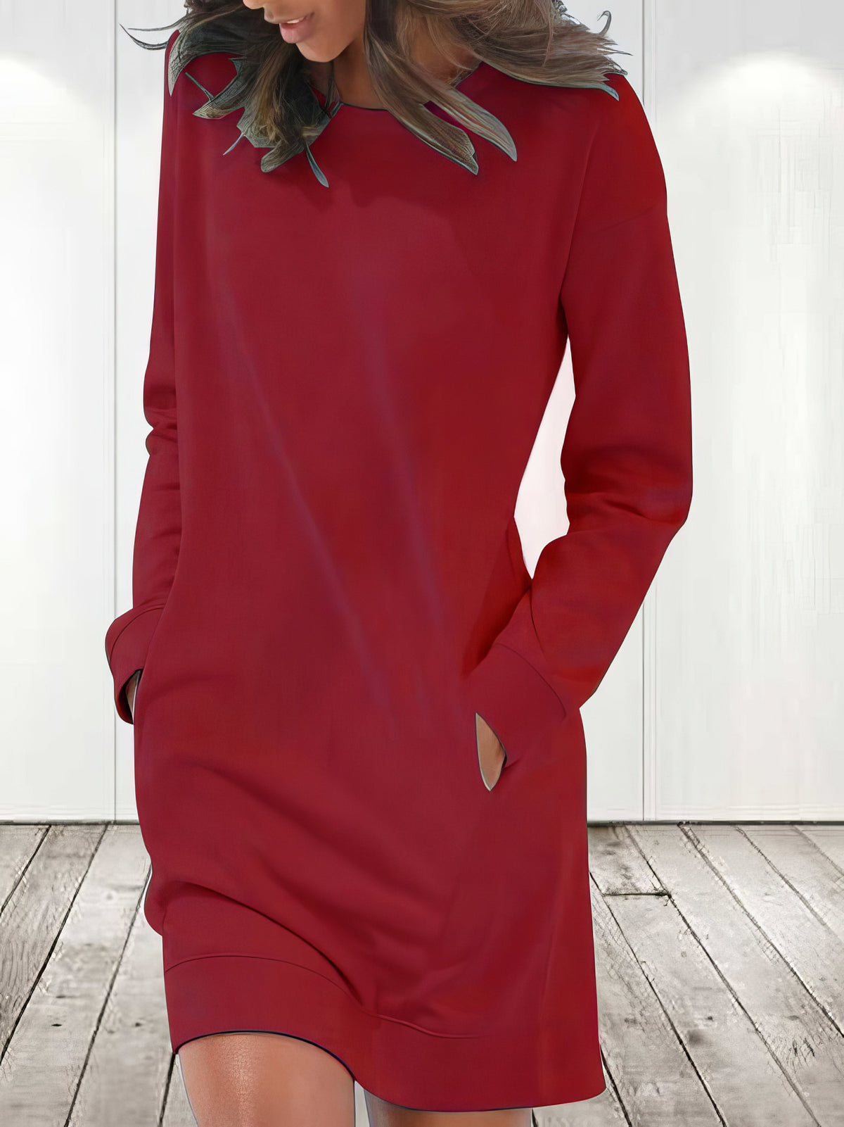 Crew Neck Drop Shoulder Long Sleeve Ribbed Cuff Pocket Mini Dress - View 5