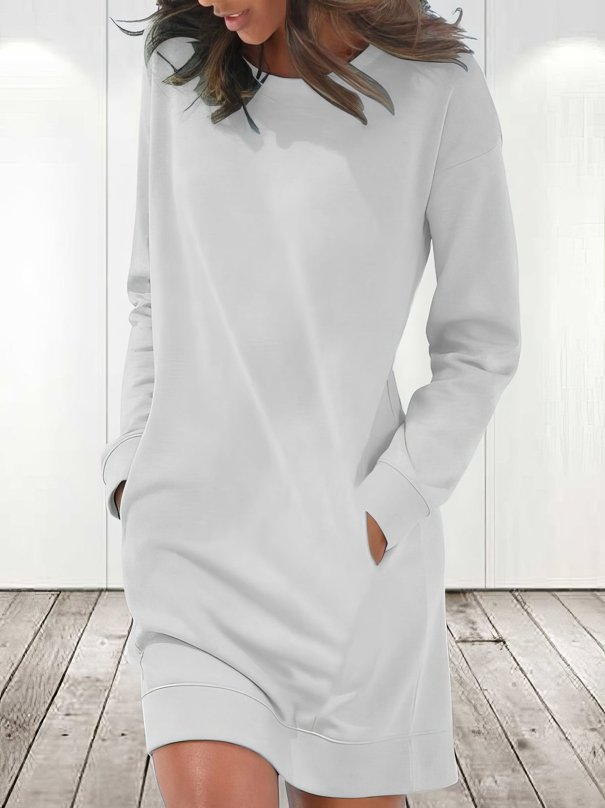 Crew Neck Drop Shoulder Long Sleeve Ribbed Cuff Pocket Mini Dress - View 3