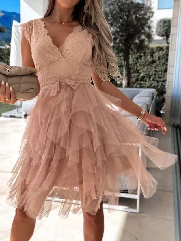 Lace V-Neck Bow Waist Tiered Tulle Ruffle Mini Dress - View 7