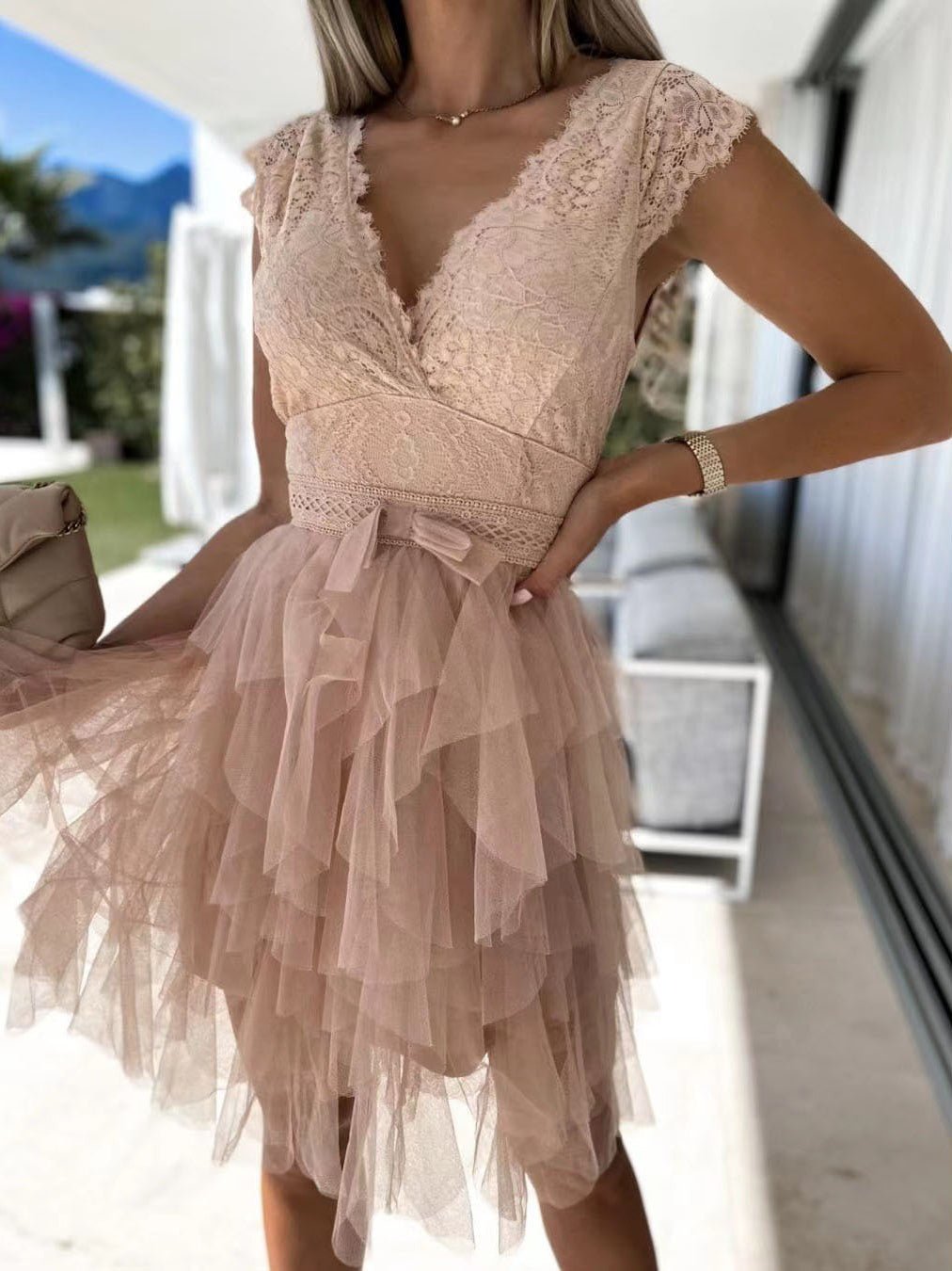 Lace V-Neck Bow Waist Tiered Tulle Ruffle Mini Dress - View 2