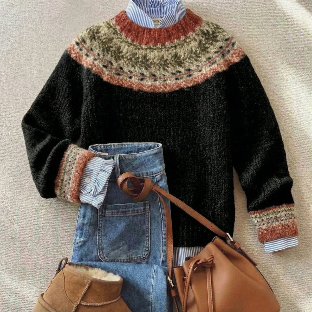 Fair Isle Diamond Yoke Crew Neck Relaxed Knit Sweater 2