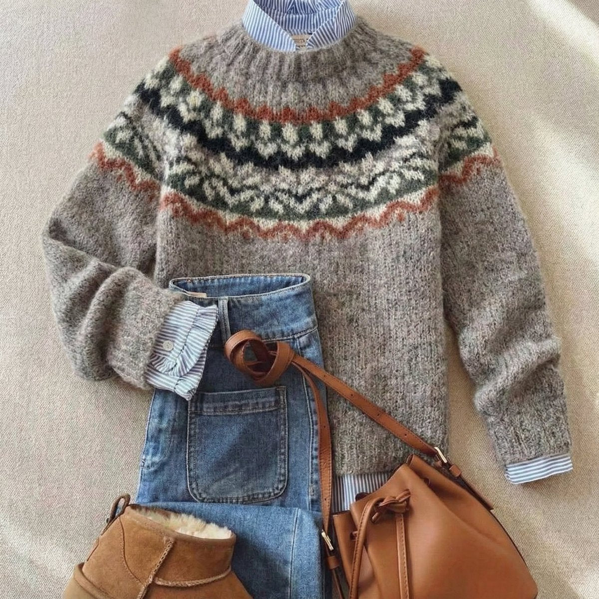 Fair Isle Diamond Yoke Crew Neck Relaxed Knit Sweater 3
