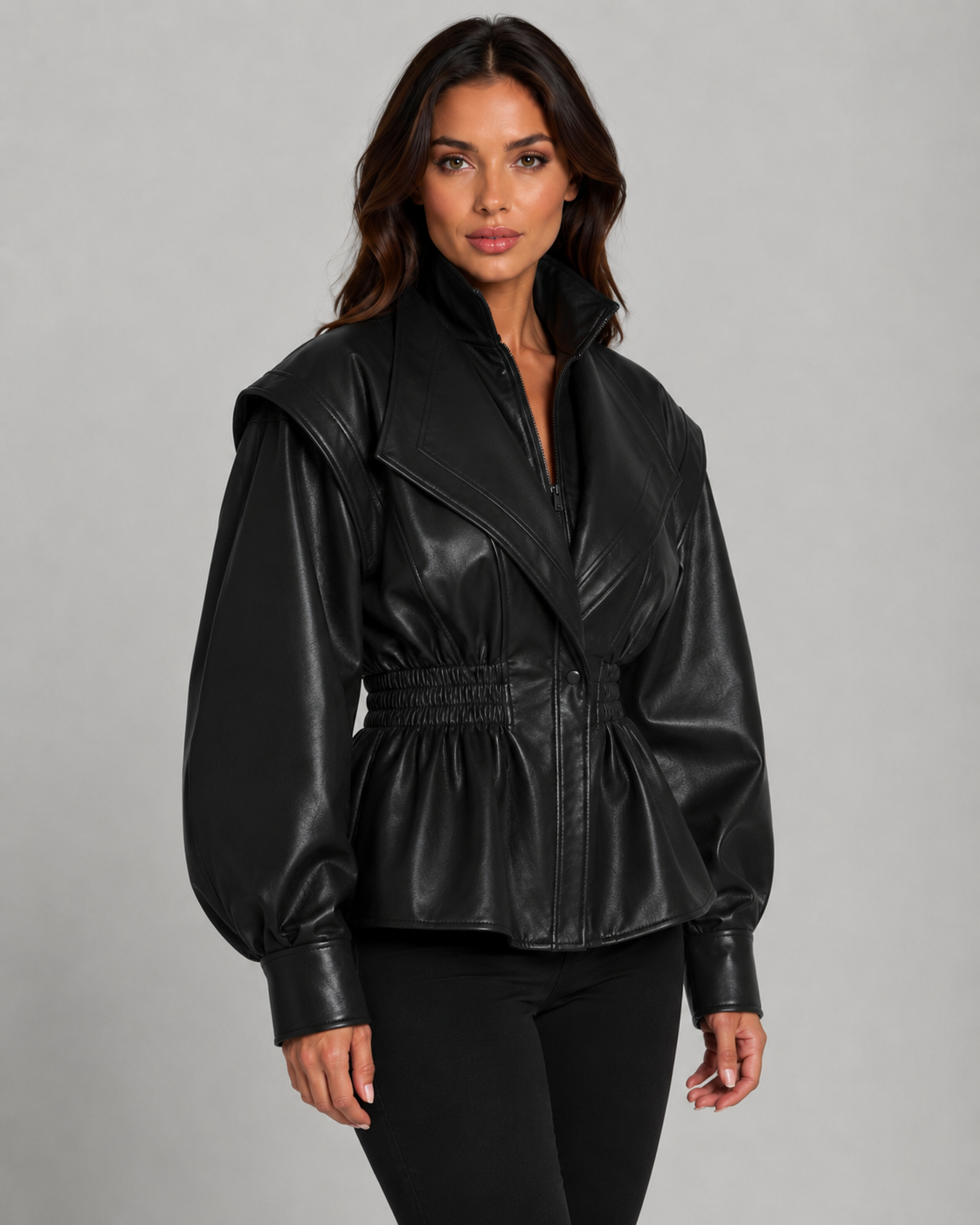 Faux Leather Zip Front Shirred Waist Puff Sleeve Peplum Jacket 4