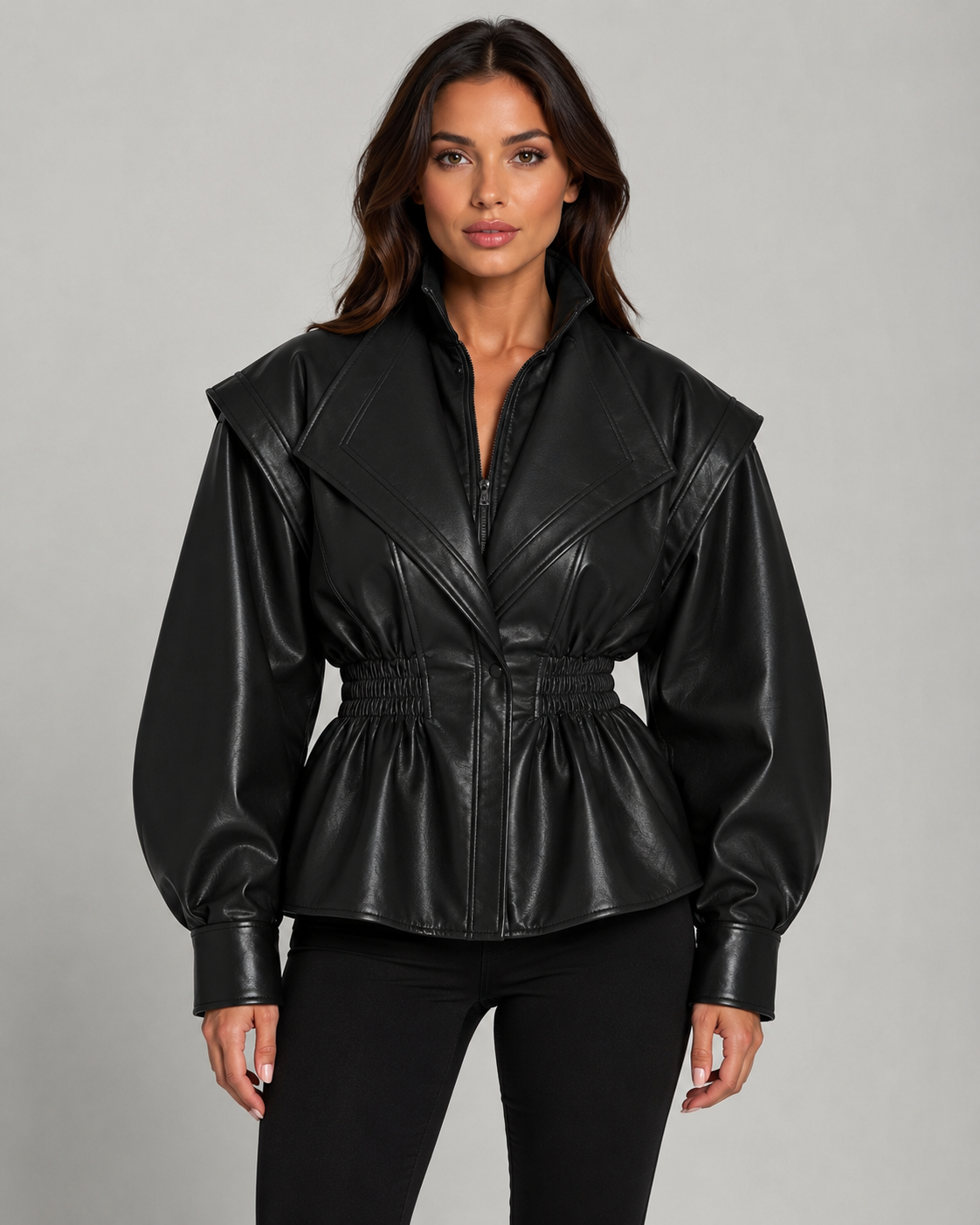 Faux Leather Zip Front Shirred Waist Puff Sleeve Peplum Jacket 6