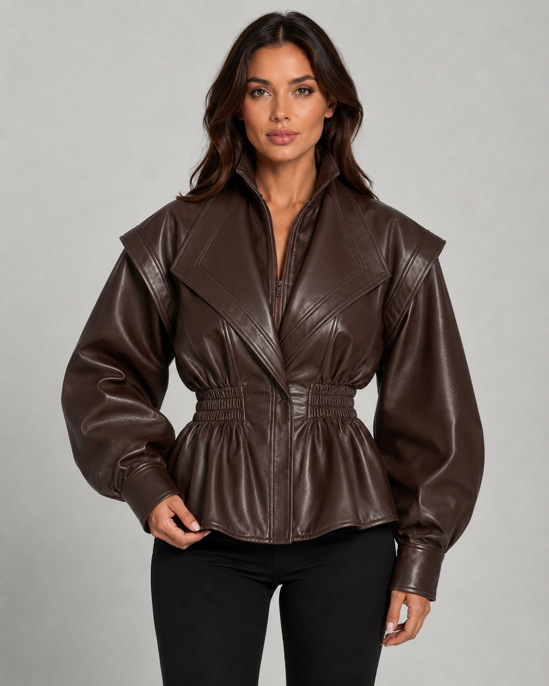Faux Leather Zip Front Shirred Waist Puff Sleeve Peplum Jacket