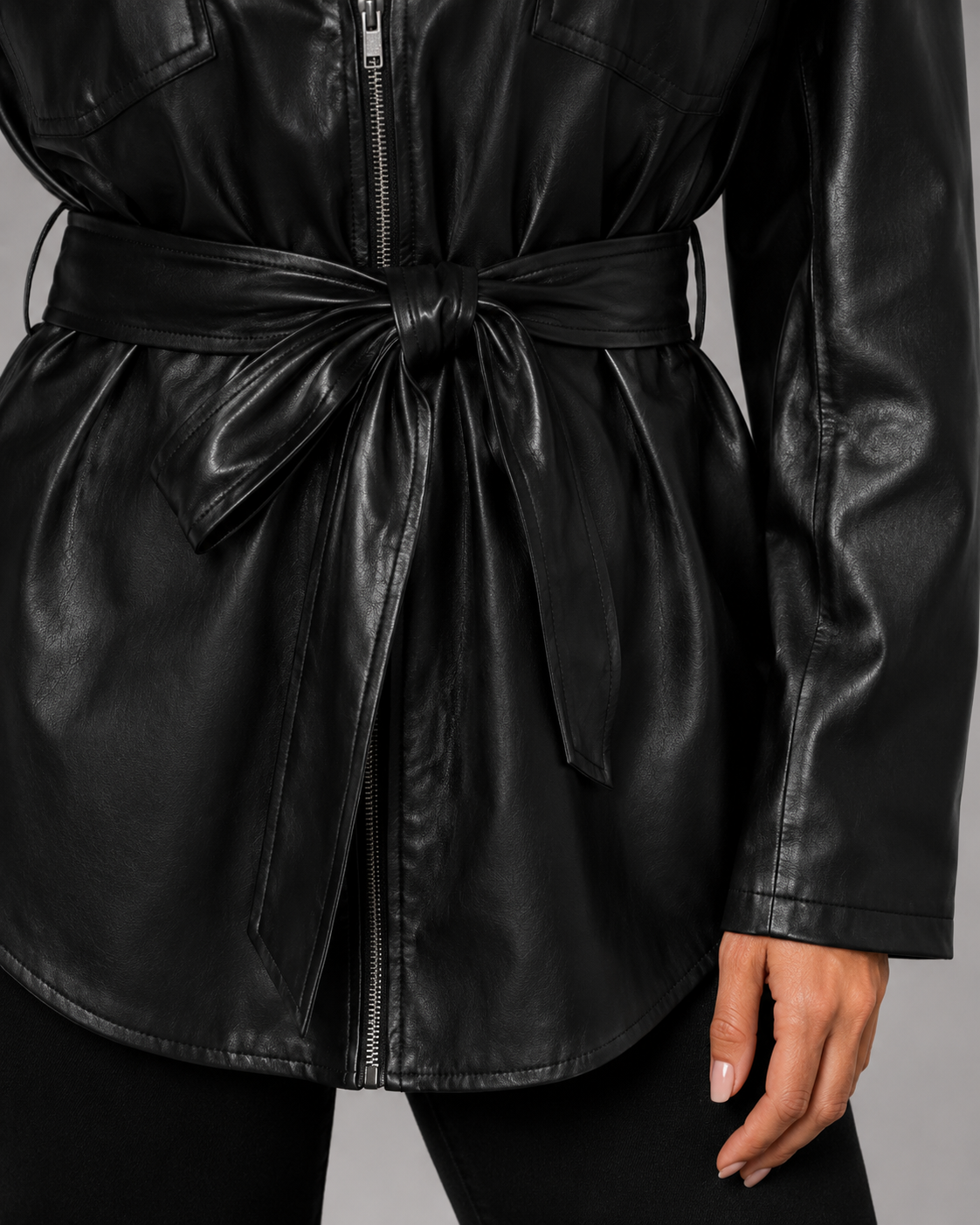 Faux Leather Zip Front Tie Waist Shirt Jacket 5
