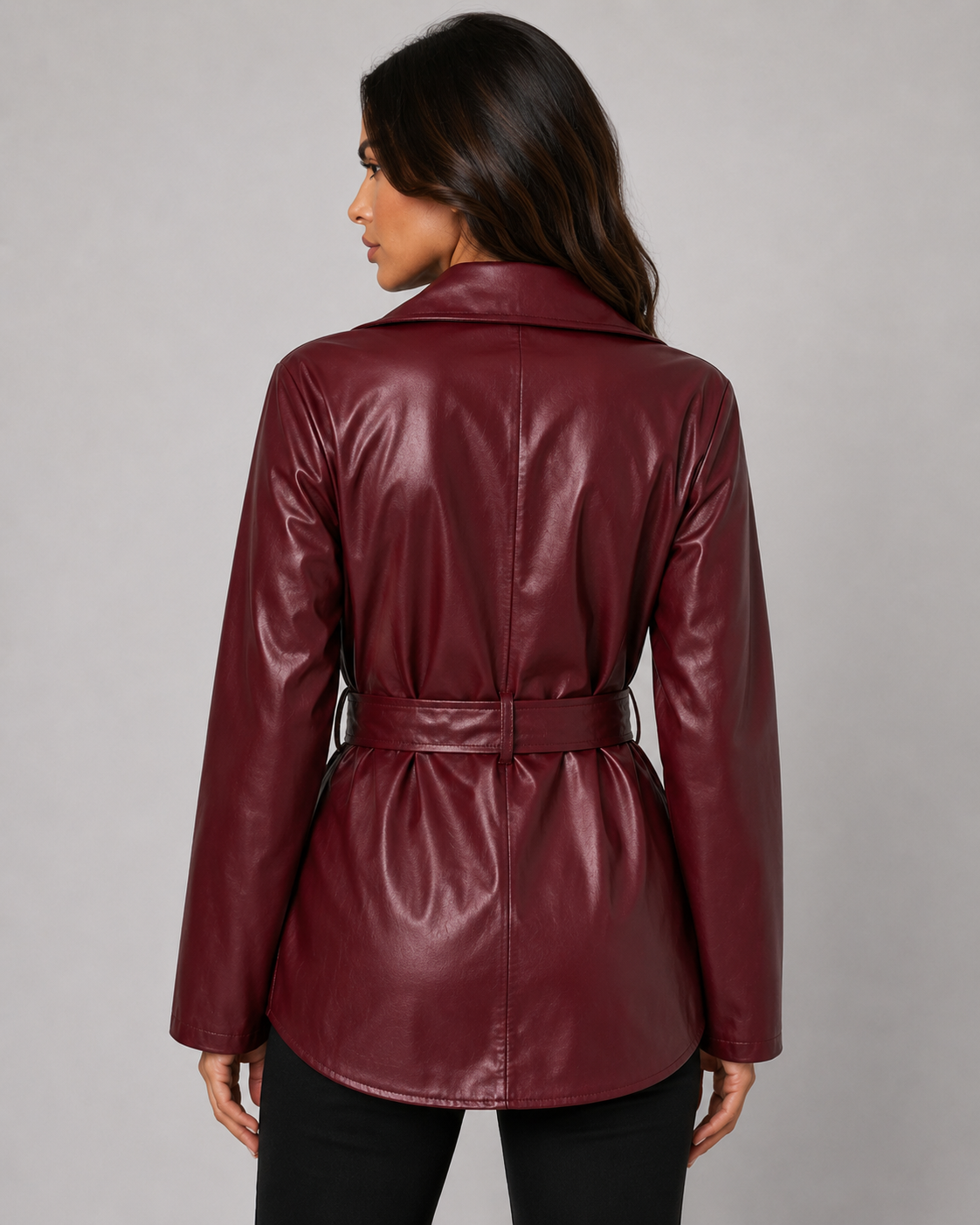 Faux Leather Zip Front Tie Waist Shirt Jacket 8