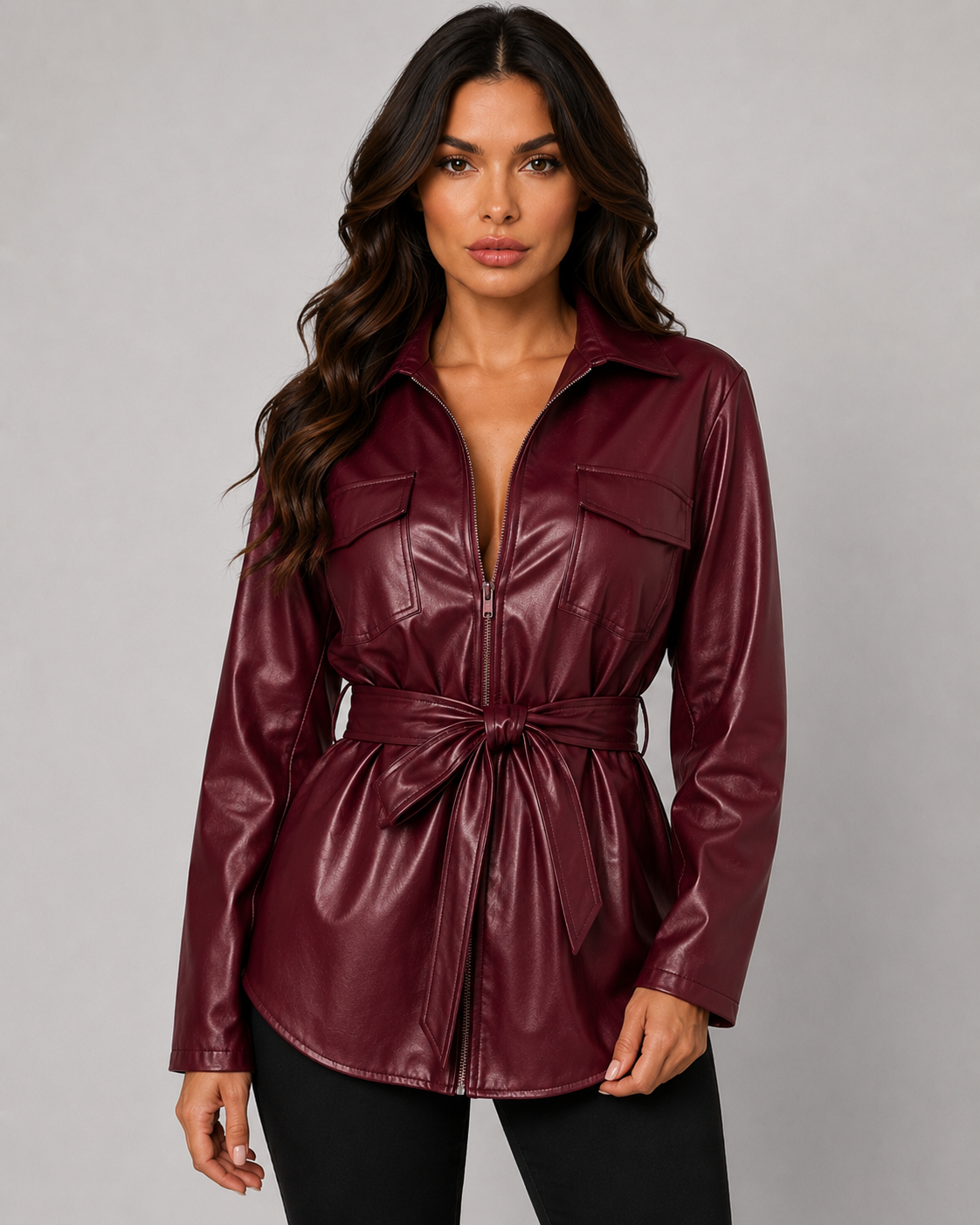 Faux Leather Zip Front Tie Waist Shirt Jacket 9