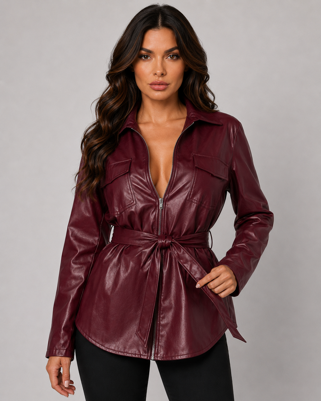 Faux Leather Zip Front Tie Waist Shirt Jacket