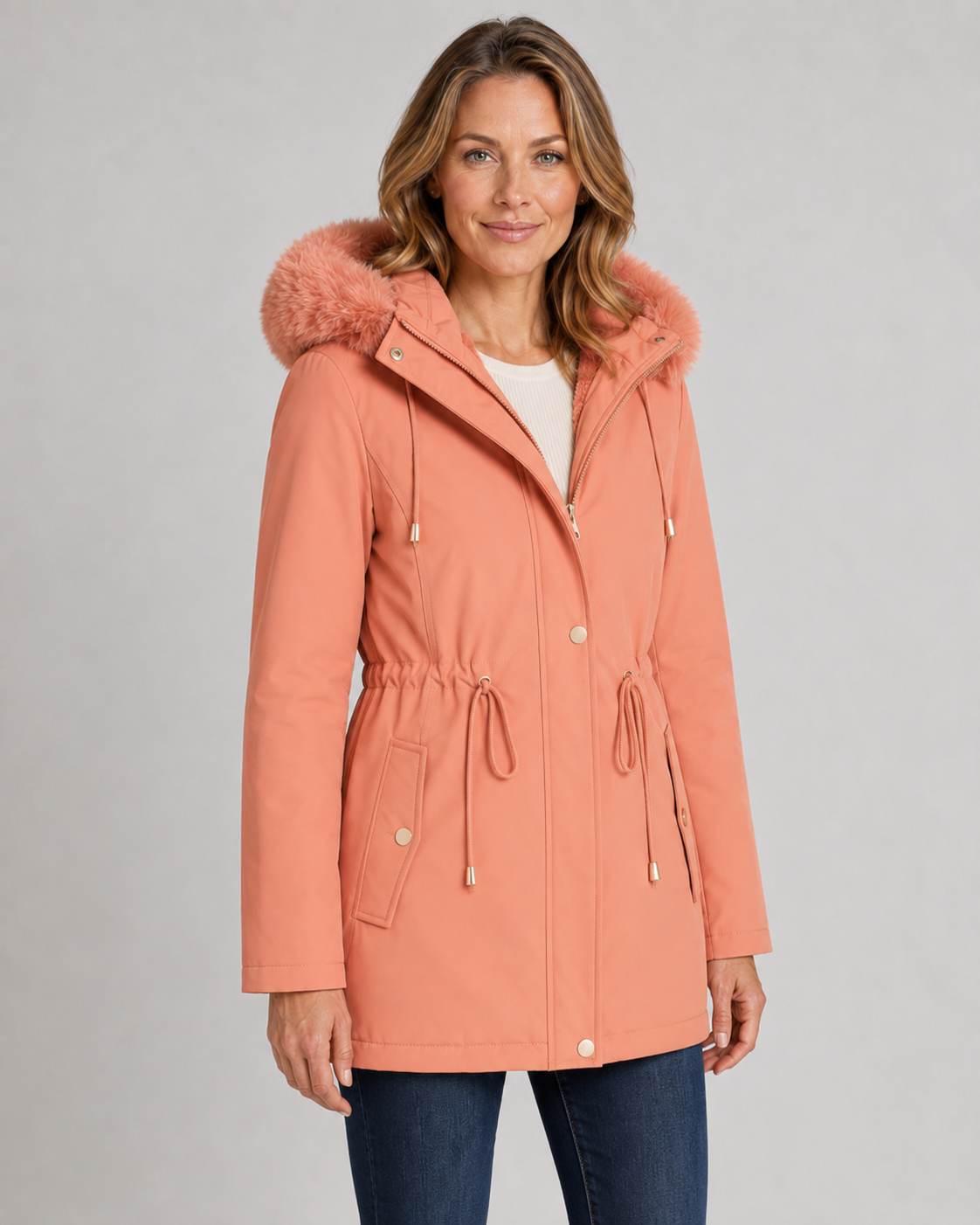 Faux Fur Hood Drawstring Waist Zip Parka Coat 3