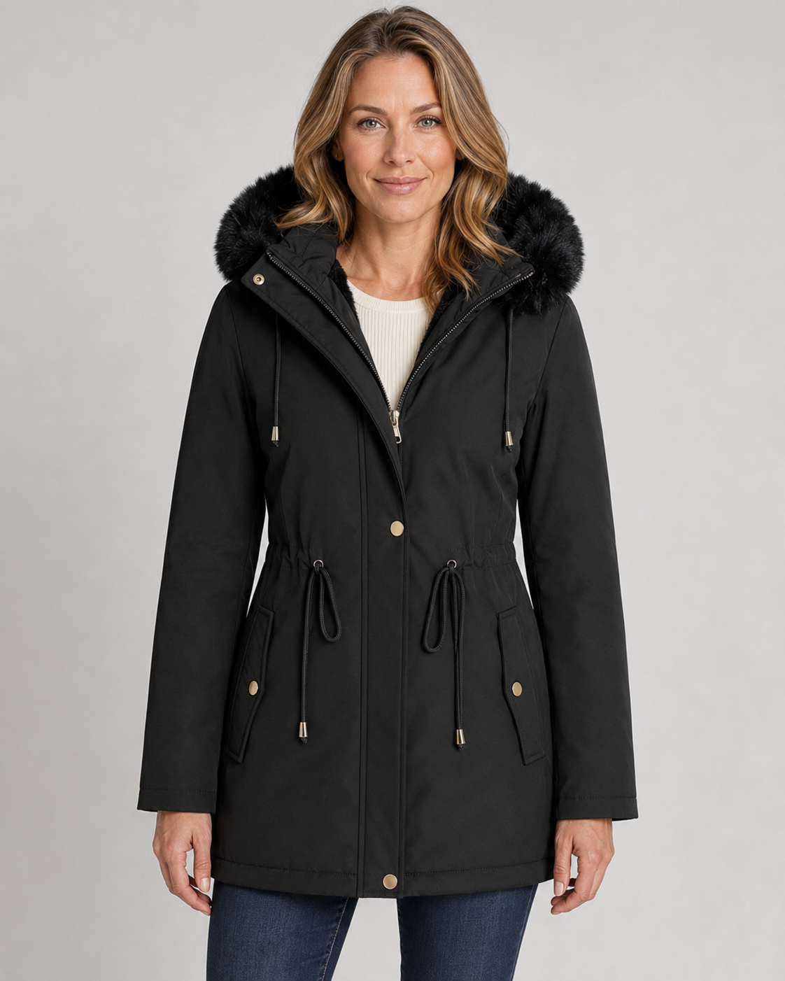 Faux Fur Hood Drawstring Waist Zip Parka Coat 7