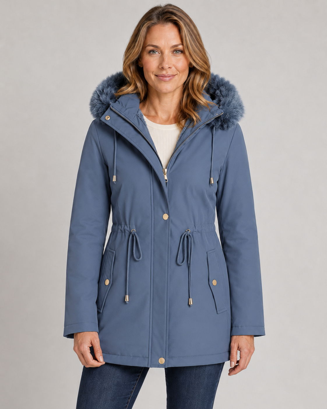 Faux Fur Hood Drawstring Waist Zip Parka Coat 8