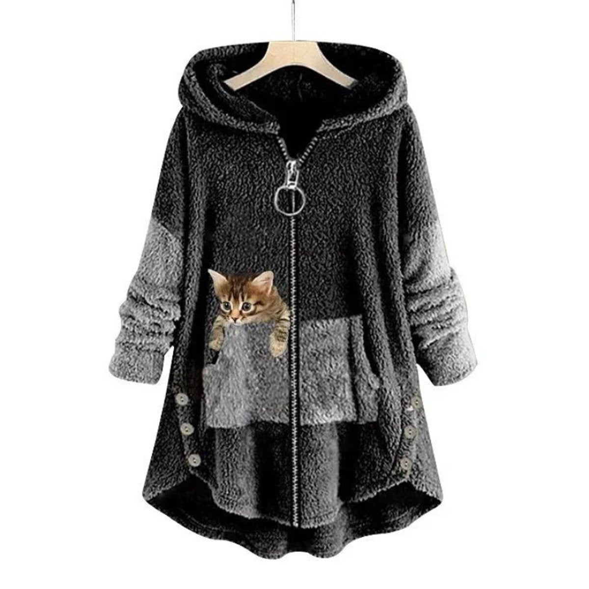 Hooded Zip Front Cat Pocket Fleece High Low Jacket 2