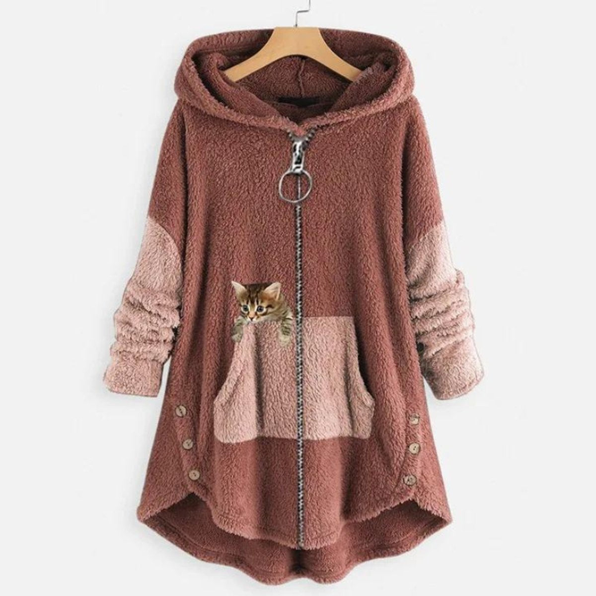 Hooded Zip Front Cat Pocket Fleece High Low Jacket 4