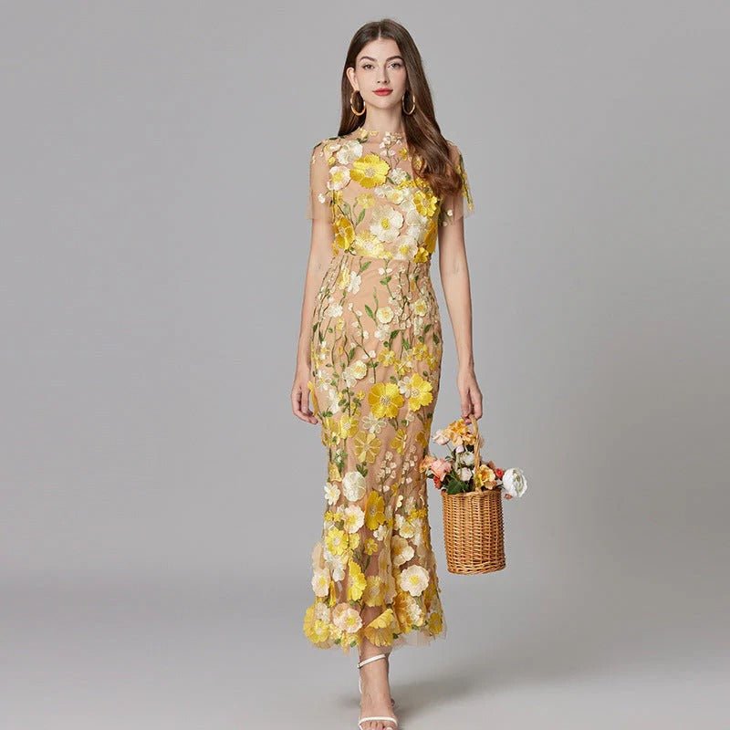 Floral Applique Sheer Mesh Sleeveless Maxi Dress
