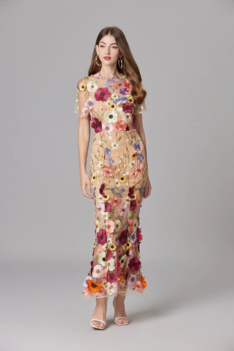 Floral Applique Sheer Mesh Sleeveless Maxi Dress 10