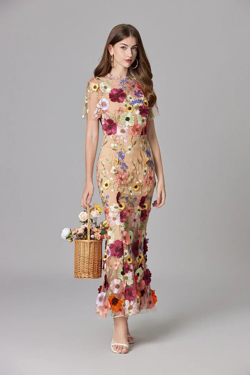 Floral Applique Sheer Mesh Sleeveless Maxi Dress 9
