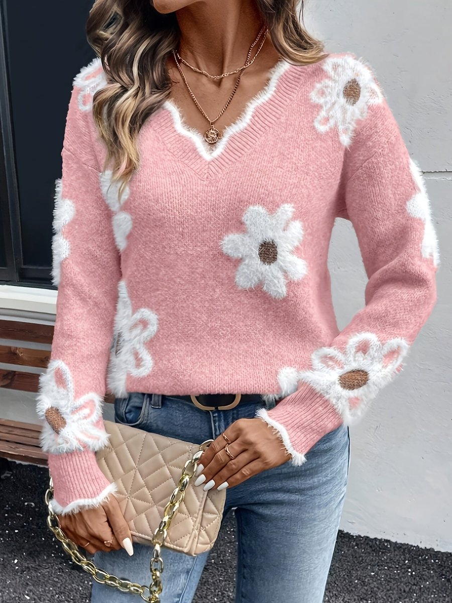 V-Neck Daisy Floral Fuzzy Knit Long Sleeve Sweater 2