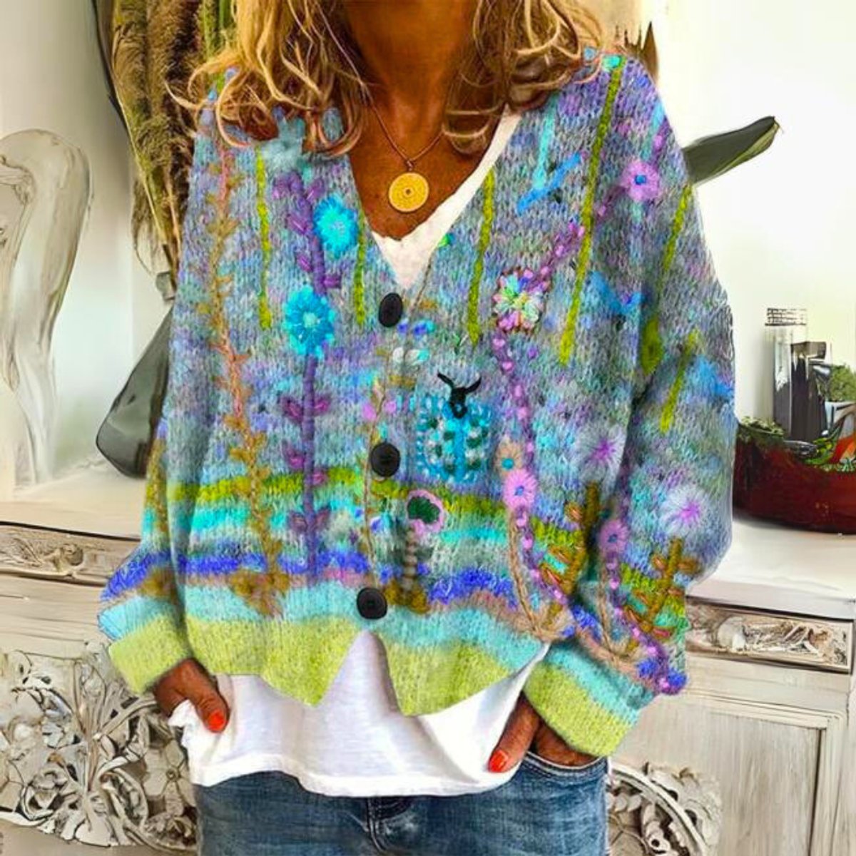 Floral Print V-Neck Button Front Knit Cardigan