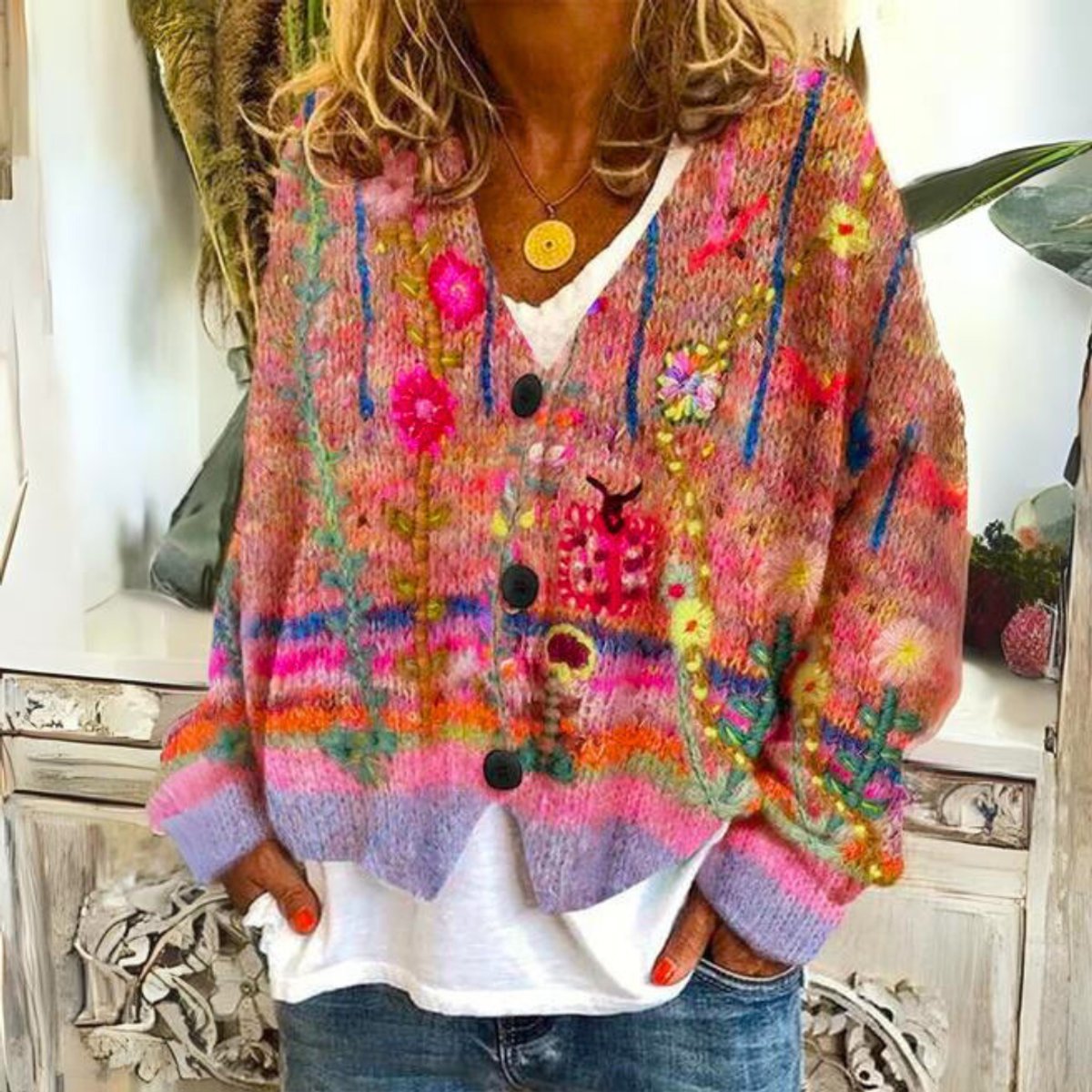 Floral Print V-Neck Button Front Knit Cardigan 3