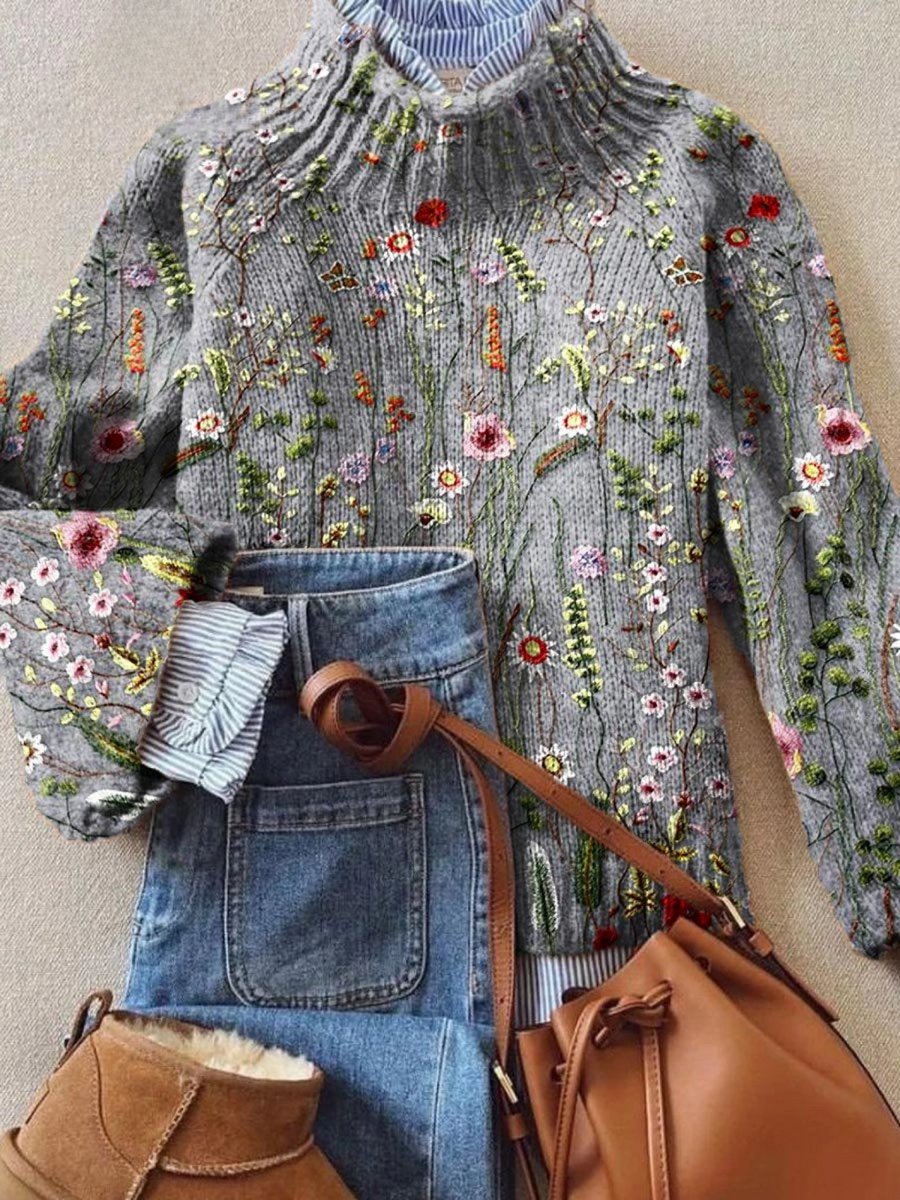 Floral Embroidered Turtleneck Relaxed Knit Sweater