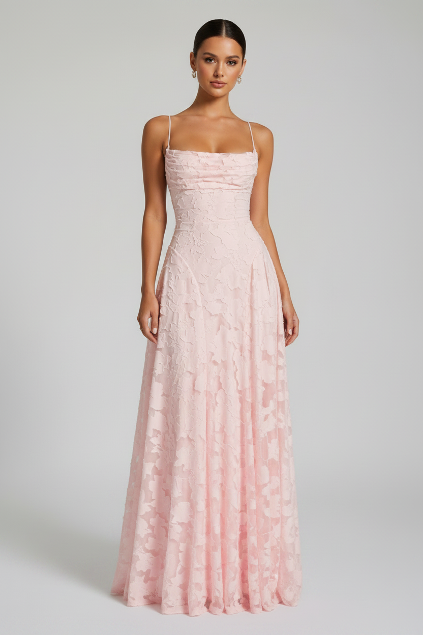 Spaghetti Strap Floral Burnout Lace A-Line Maxi Dress