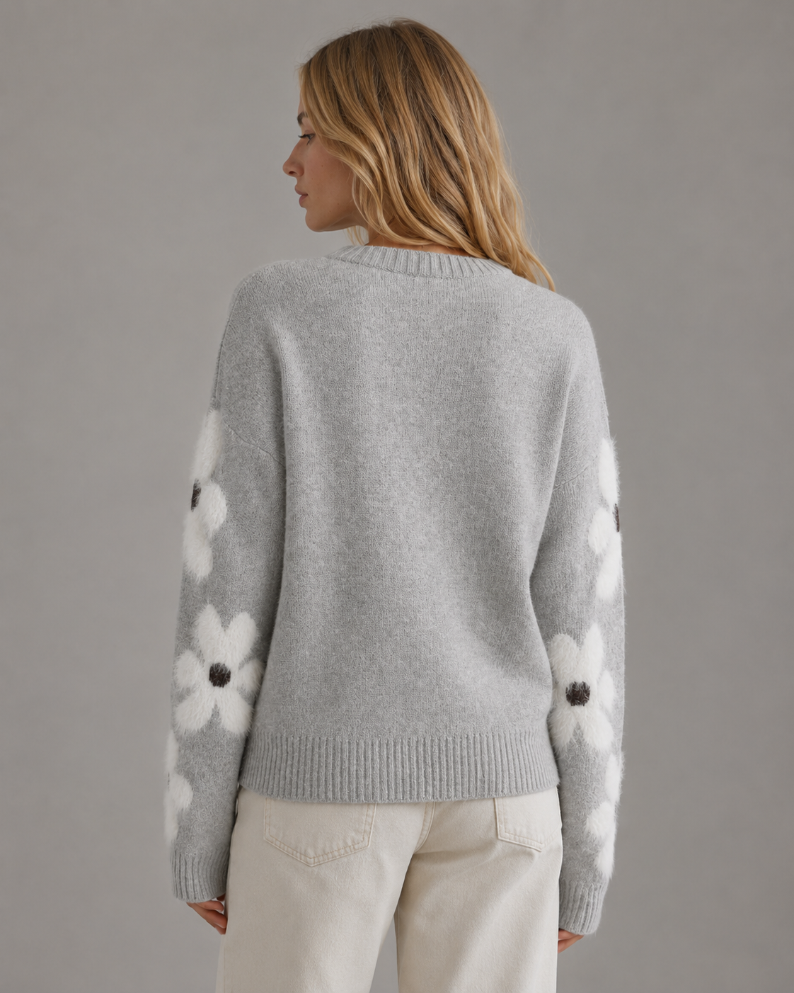 Crew Neck Floral Sleeve Knit Sweater 2