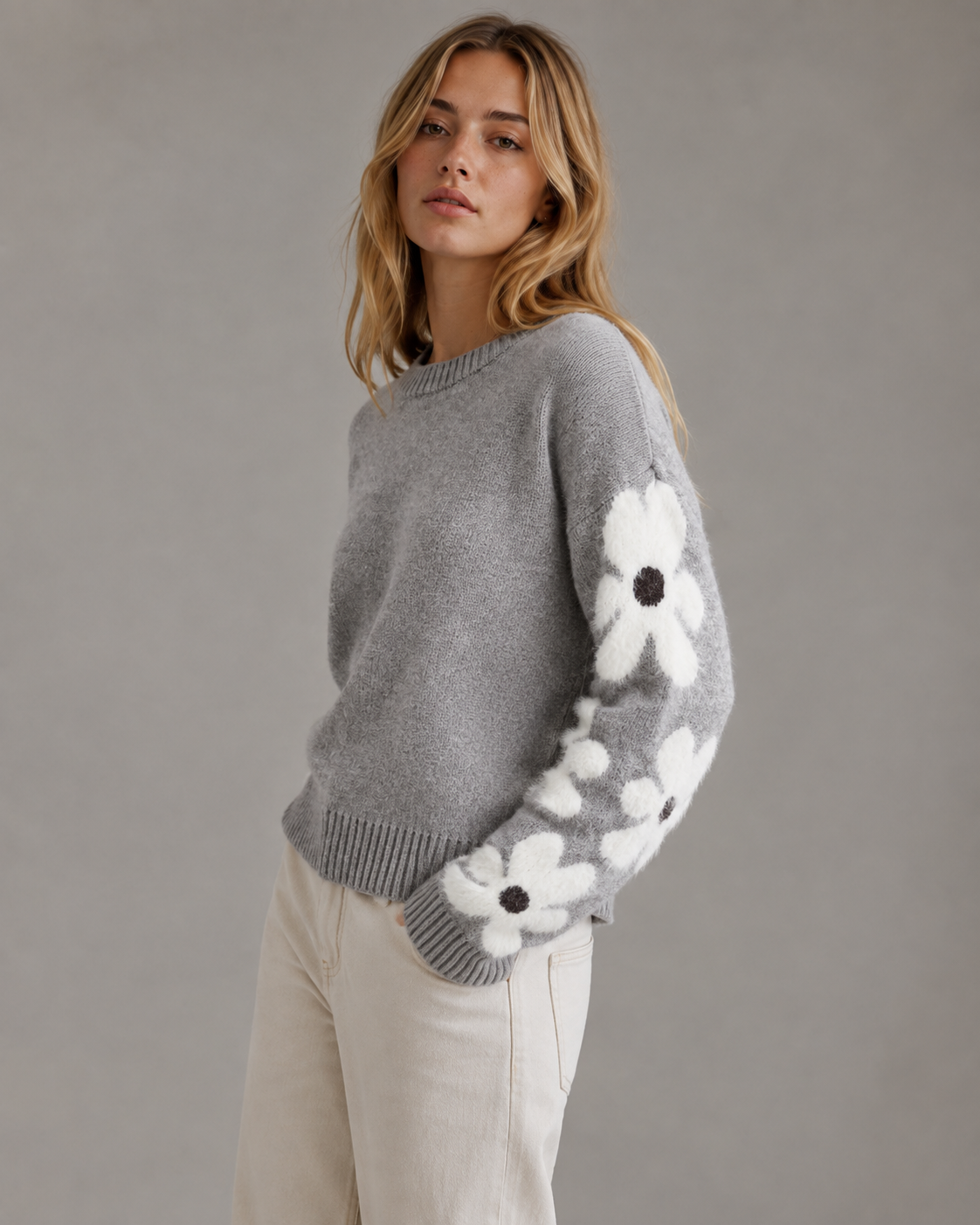 Crew Neck Floral Sleeve Knit Sweater 3
