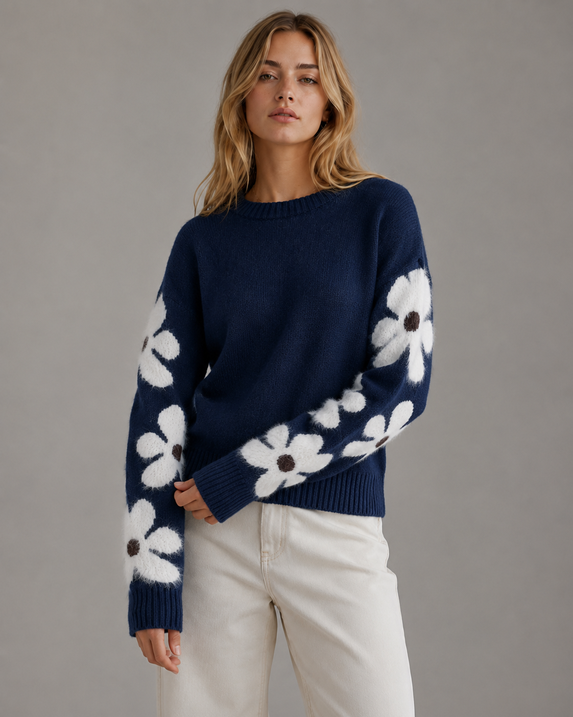 Crew Neck Floral Sleeve Knit Sweater 6