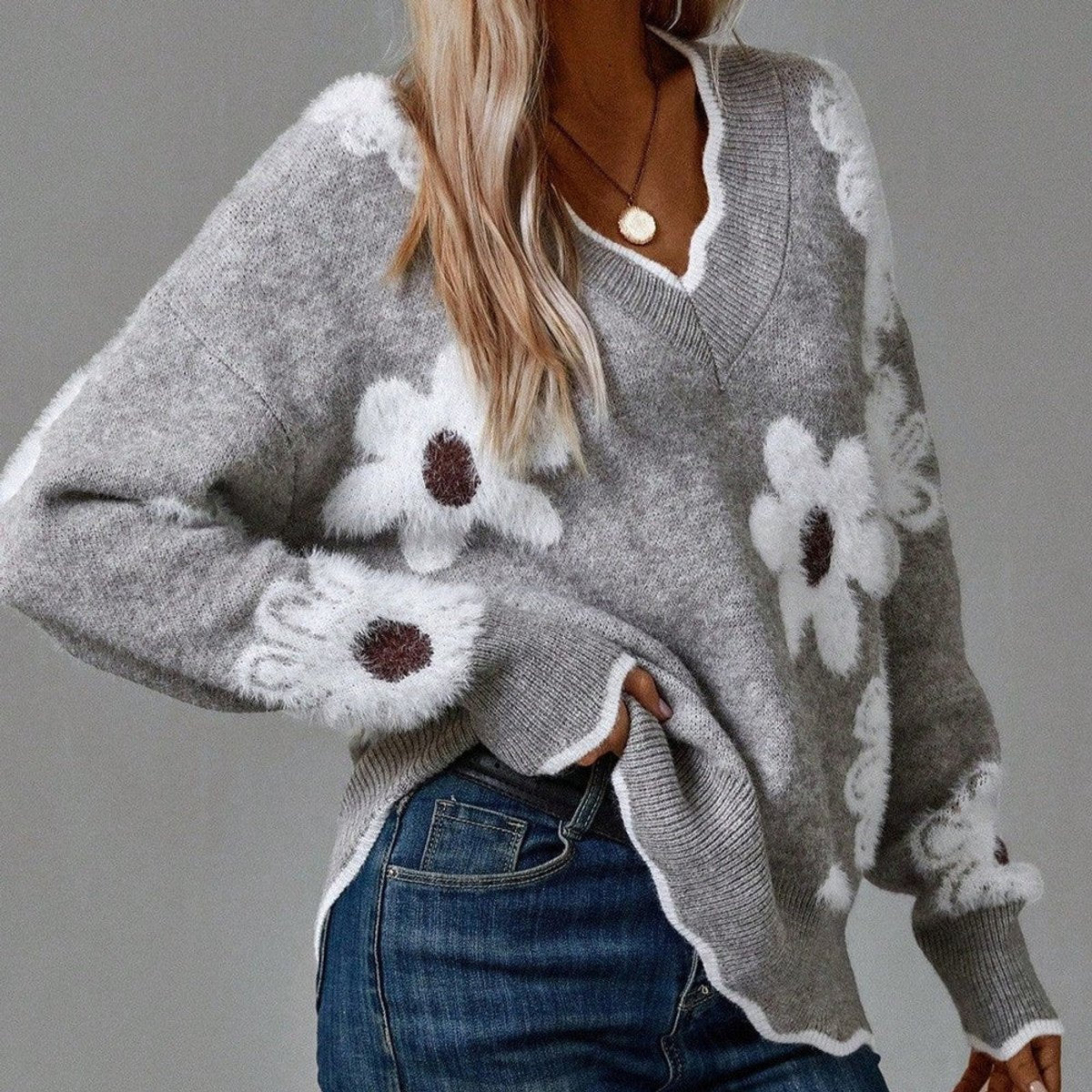 Floral V-Neck Long Sleeve Split Hem Knit Sweater