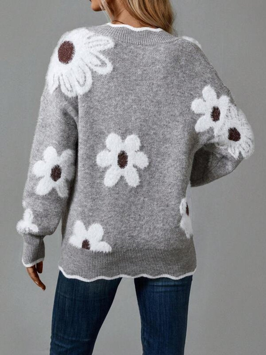 Floral V-Neck Long Sleeve Split Hem Knit Sweater 2