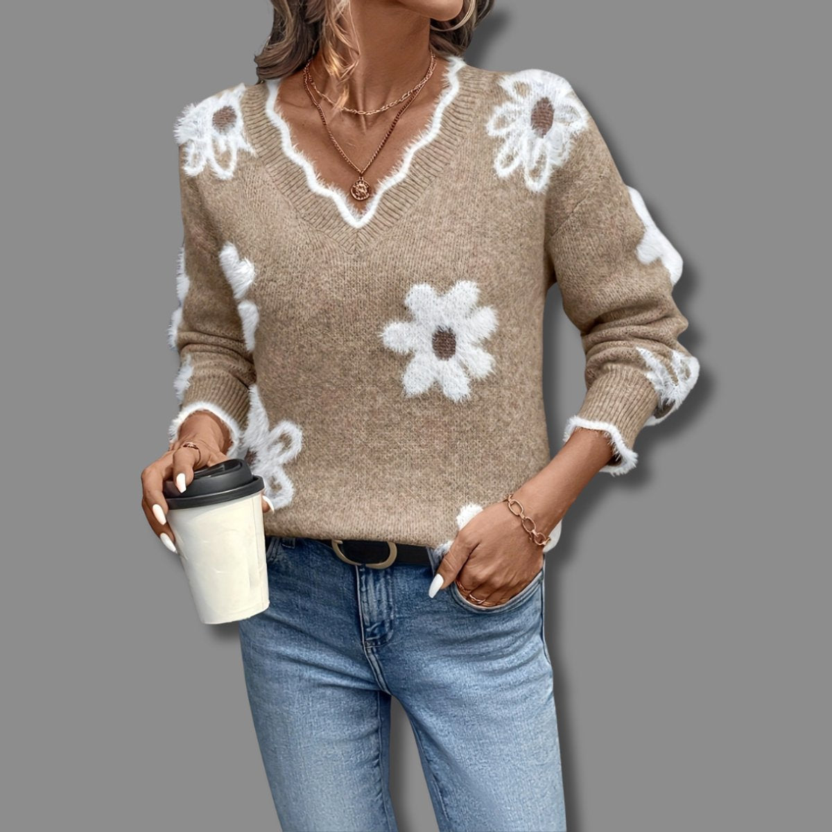 Floral V-Neck Long Sleeve Split Hem Knit Sweater 4