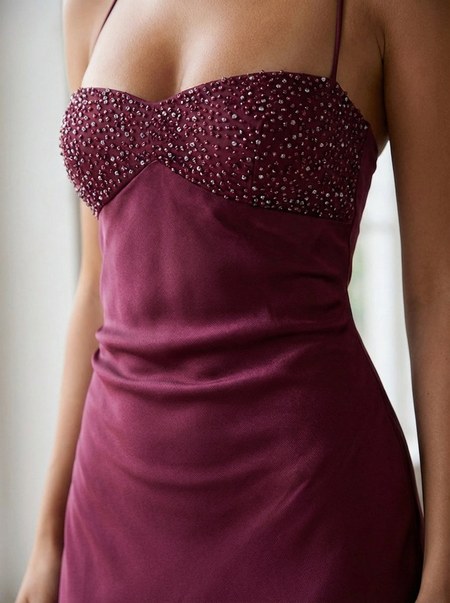 Satin Beaded Bust Strappy Back Slip Maxi Dress 10