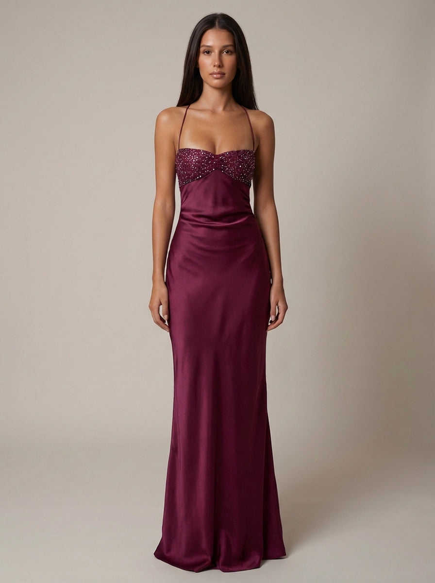 Satin Beaded Bust Strappy Back Slip Maxi Dress 6