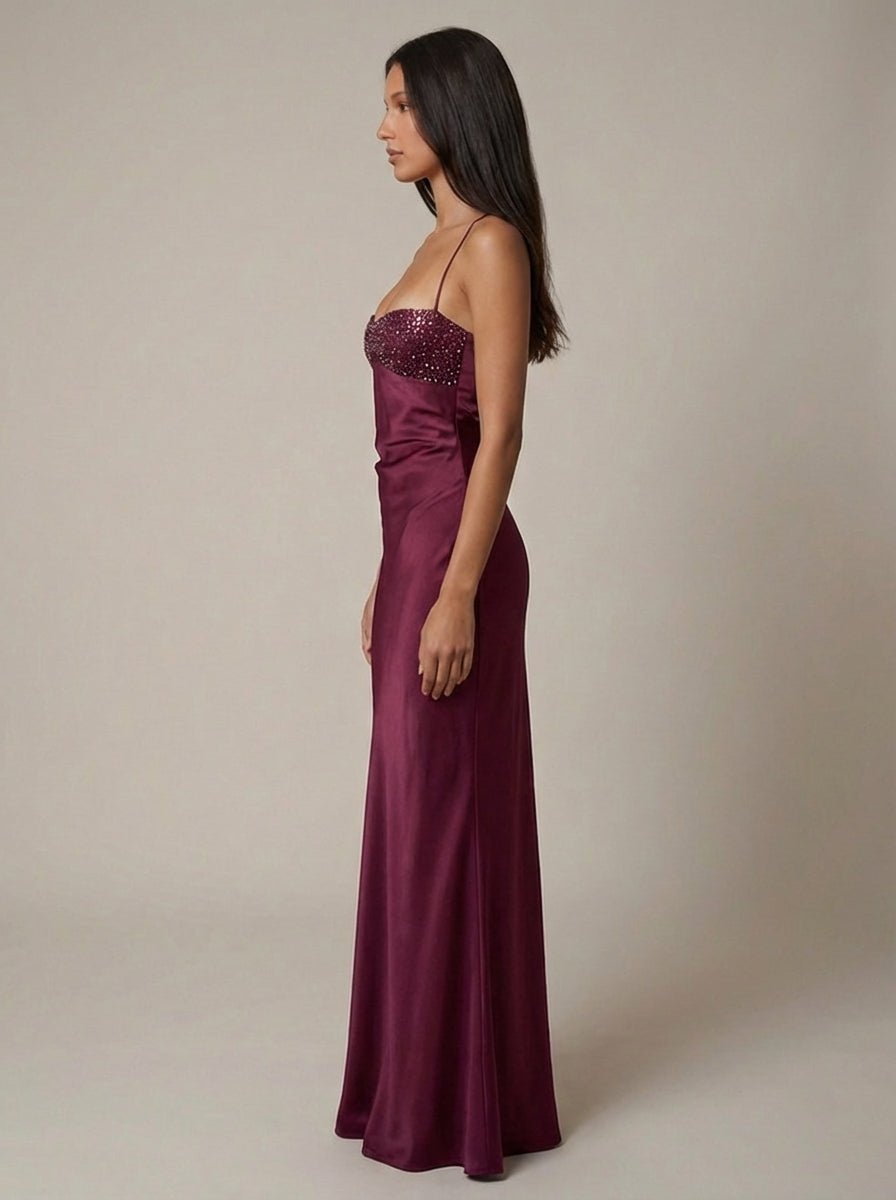 Satin Beaded Bust Strappy Back Slip Maxi Dress 8