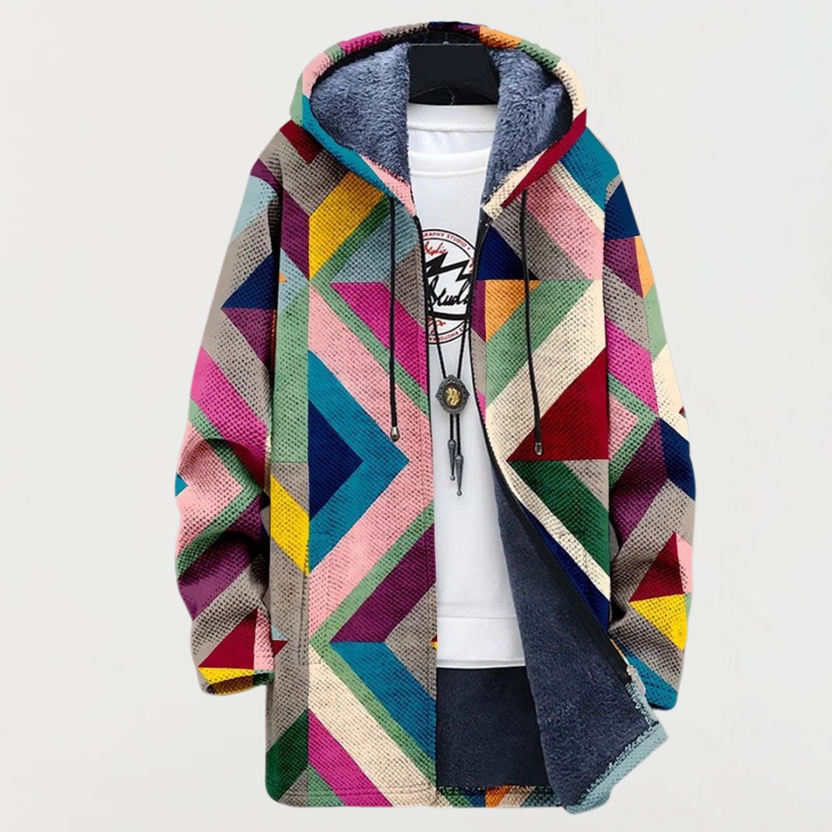 Geometric Print Fleece Lined Hooded Zip Front Jacket 2